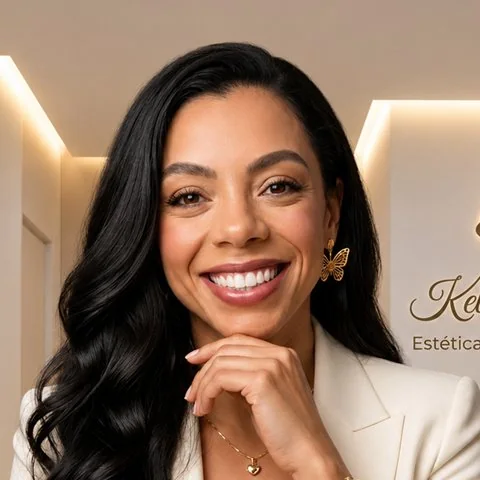 Kelly Moraes, enfermeira esteta, sorrindo em seu consultório