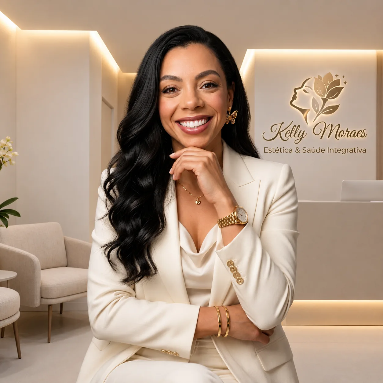 Kelly Moraes, enfermeira esteta em Planaltina, DF, sorrindo em seu consultório